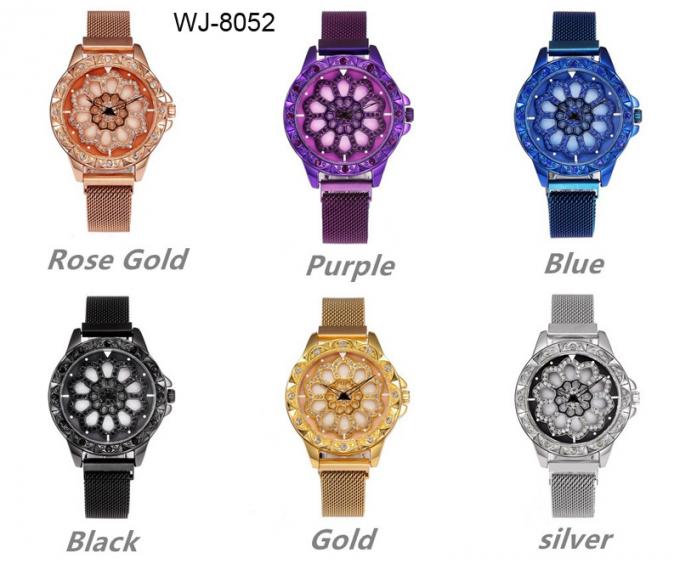 WJ-8656 신식 자주색 스테인리스 시계 줄 합금 사례 5 색깔 자석 결박 아날로그 석영 시계