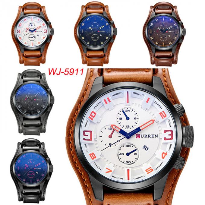 WJ-5911 CURREN 8225 상한 우연한 남자의 다이얼 달력 시계 방수 파란 가벼운 석영 가죽 손목 시계