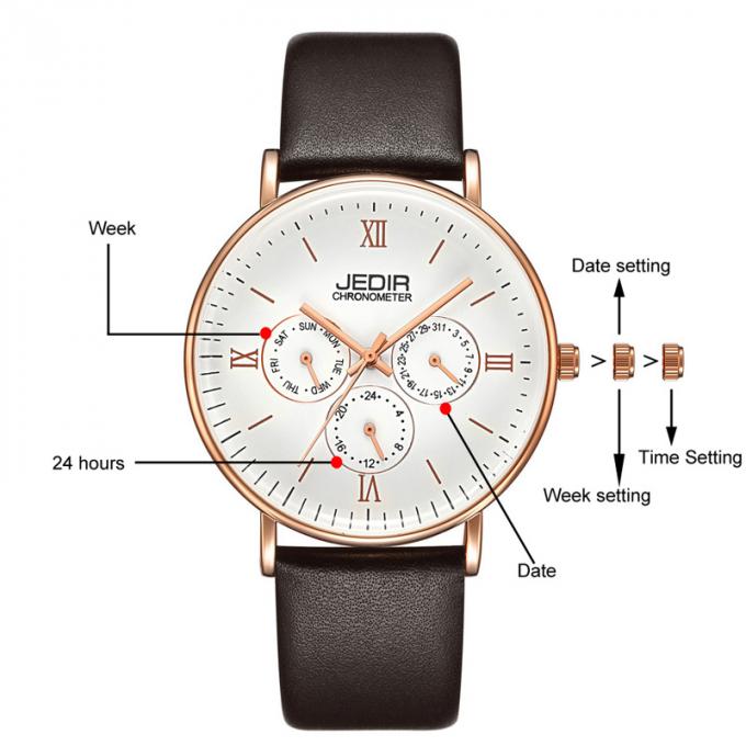 WJ-7396 도매 JEDIR 상표 남자 시계는 늦게 3ATM 석영 Handwatches 자동 날짜 일 가죽 손목 시계를 디자인합니다