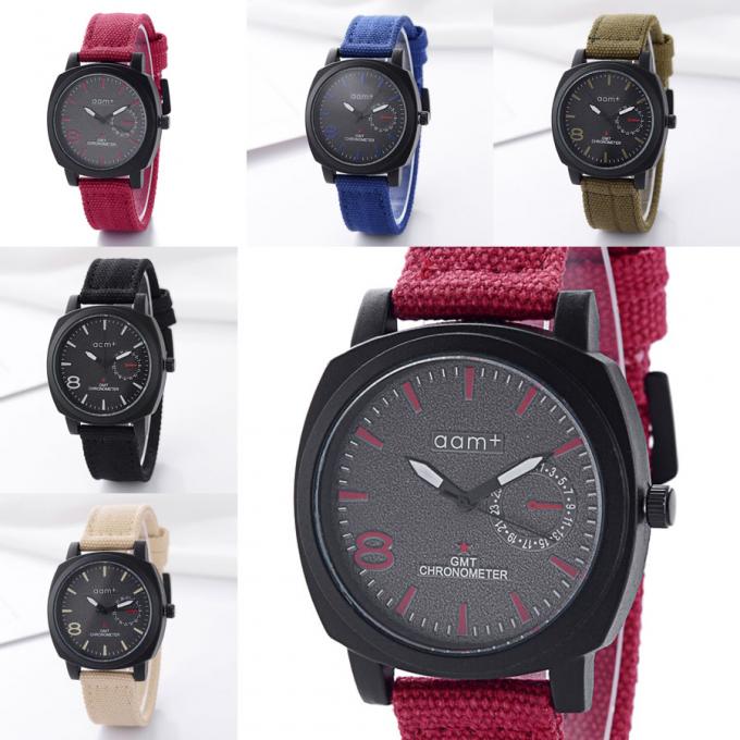 WJ-3395 중국 이우 공장 뜨거운 판매 로고 OEM 시계에 의하여 뜨개질을 한 화포 나일론 줄무늬 유행 제네바는 남자 선전용 손목 시계를 봅니다